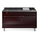 ILVE 60-Inch Nostalgie II Propane Gas Dual Fuel Range with 9 Burners, Griddle and Solid Door Oven in Burgundy with Bronze Trim (UP60FQNMPBUBLP)