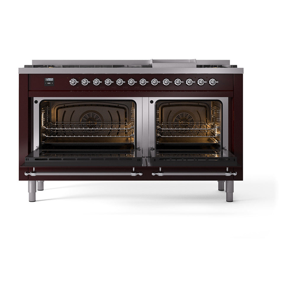 Burgundy dual-fuel range with both oven doors open, showing interior oven racks