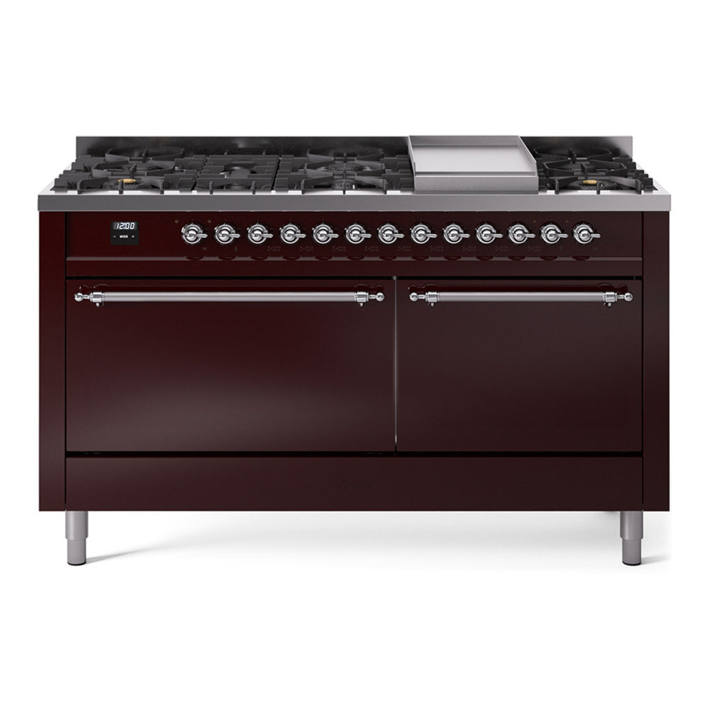 Burgundy dual-fuel range with chrome trim, front gas burners and central griddle