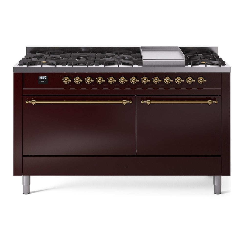 Burgundy dual fuel range with brass trim, griddle and burner row controls