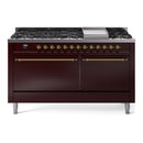 ILVE 60-Inch Nostalgie II Propane Gas Dual Fuel Range with 9 Burners, Griddle and Solid Door Oven in Burgundy with Brass Trim (UP60FQNMPBUGLP)