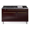 ILVE 60-Inch Nostalgie II Natural Gas Dual Fuel Range with 9 Burners, Griddle and Solid Door Oven in Burgundy with Brass Trim (UP60FQNMPBUG)