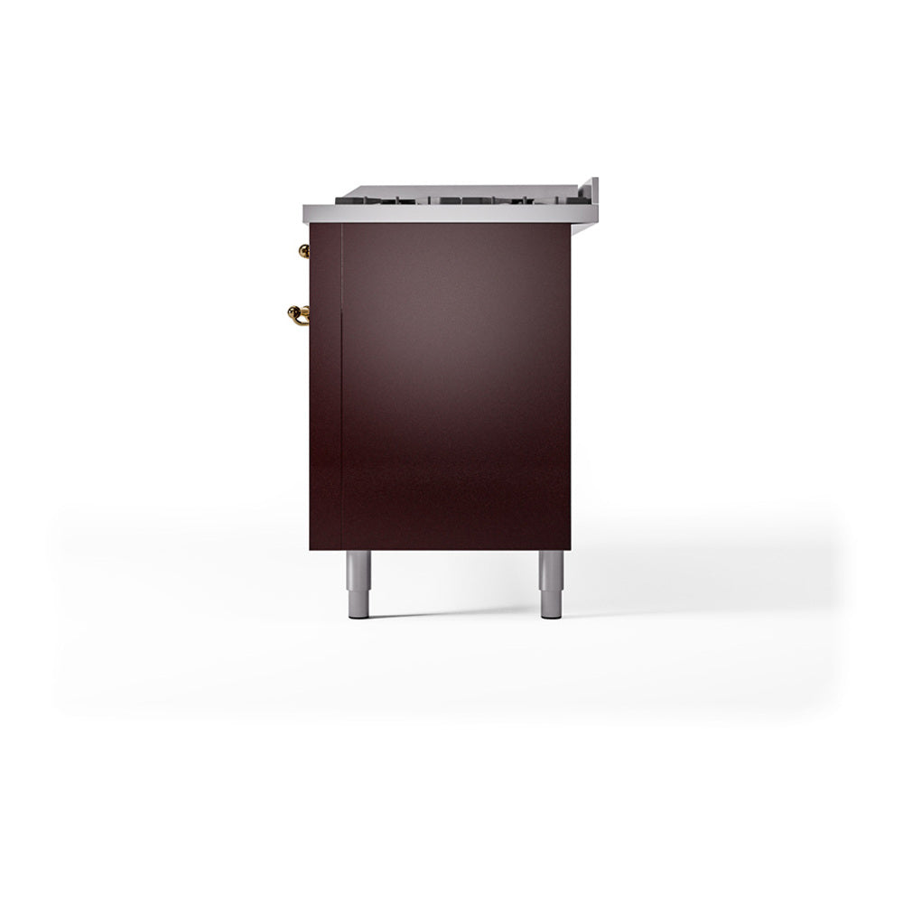 Burgundy oven front panel with brass hinges and silver feet