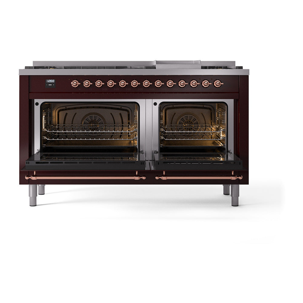 60-inch dual fuel range with open solid-door ovens, showing interior racks and burners