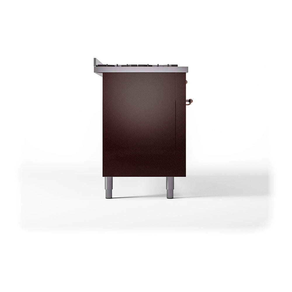 Burgundy oven door and side panel with copper control knobs on a dual-fuel range
