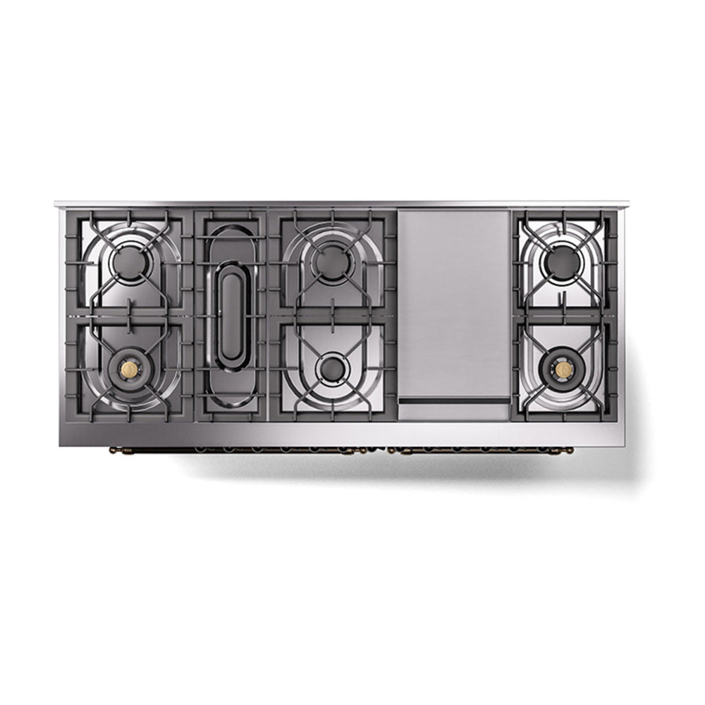 Dual-fuel range burner layout with cast-iron-style grates over griddle and oven area