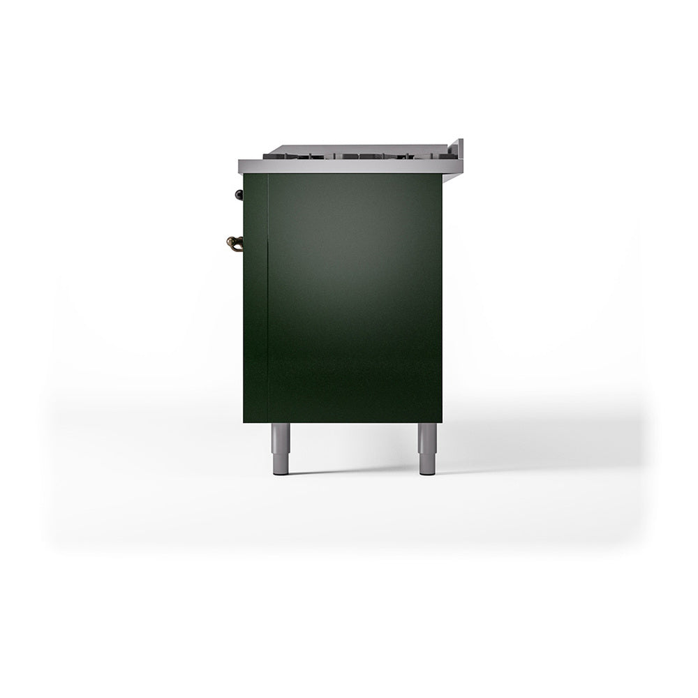 Emerald green dual-fuel range side panel with bronze knobs and rear control cover