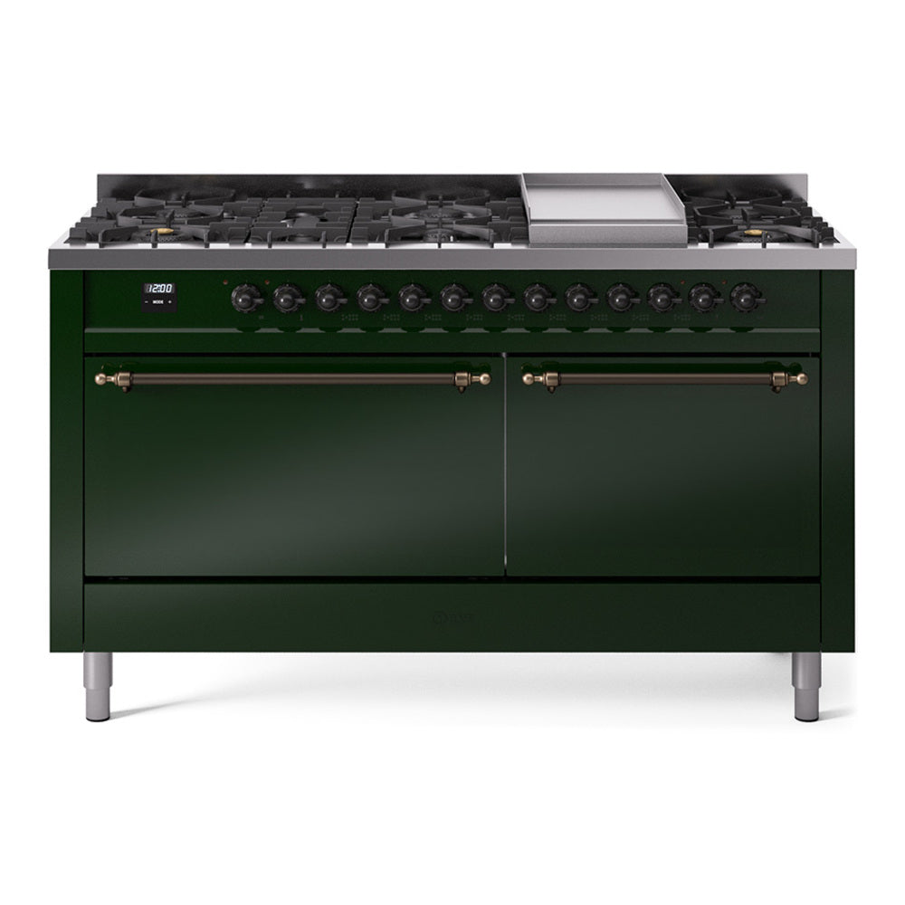 Emerald green dual-fuel range with 9 gas burners and bronze-trim control panel
