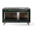 ILVE 60-Inch Nostalgie II Propane Gas Dual Fuel Range with 9 Burners, Griddle, and Solid Door Oven in Emerald Green with Chrome Trim (UP60FQNMPEGCLP)