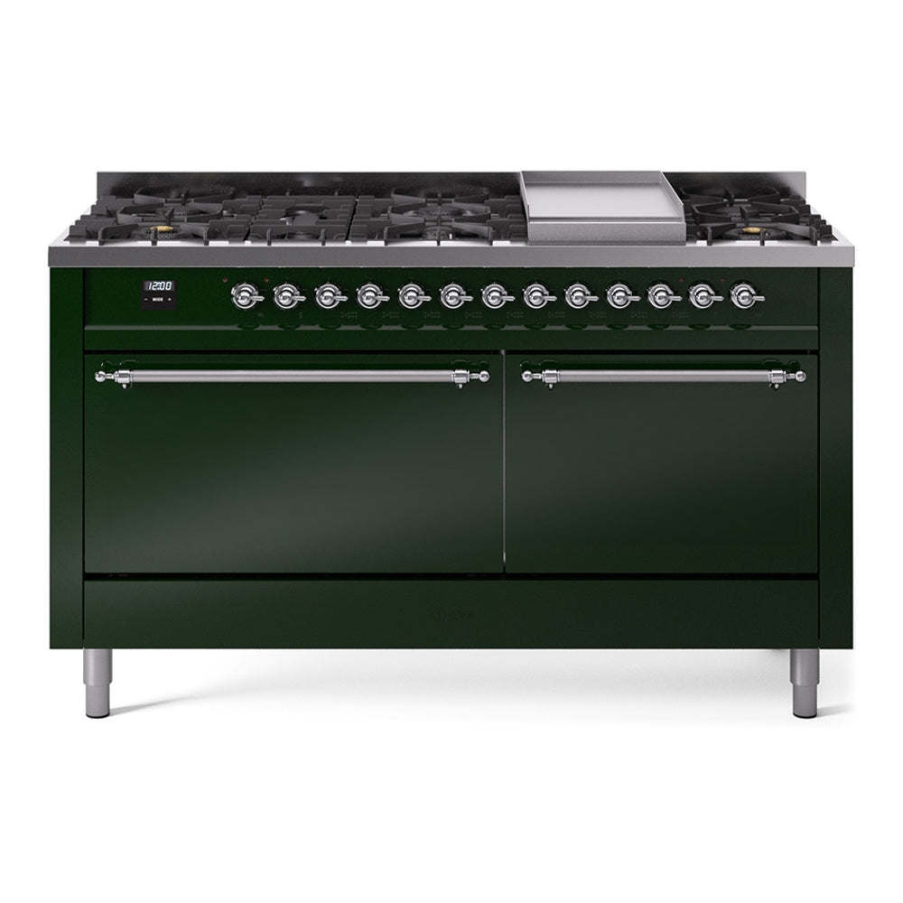 Emerald green dual fuel range with chrome control panel and side burner grates