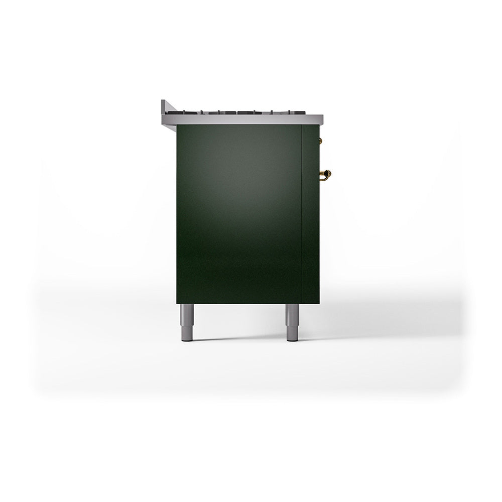 Emerald green range end panel with side control knobs and brass accents