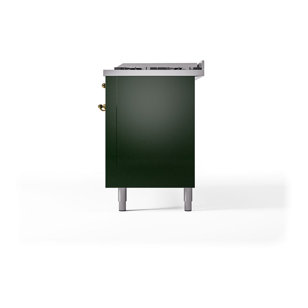Emerald green range door panel with brass hinges and gray legs
