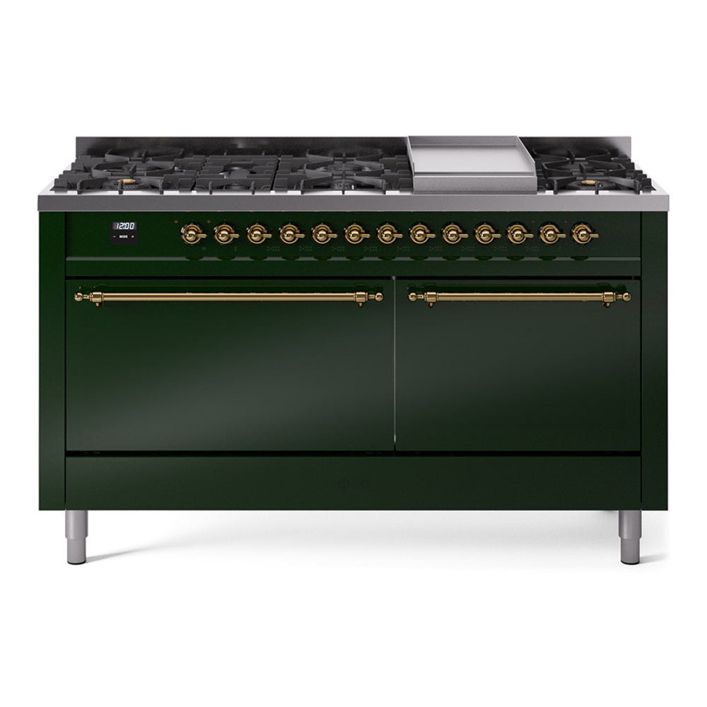 Emerald green dual fuel gas range with brass trim, burners and griddle on top