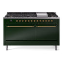 ILVE 60-Inch Nostalgie II Propane Gas Dual Fuel Range with 9 Burners, Griddle, and Solid Door Oven in Emerald Green with Brass Trim (UP60FQNMPEGGLP)