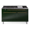 ILVE 60-Inch Nostalgie II Propane Gas Dual Fuel Range with 9 Burners, Griddle, and Solid Door Oven in Emerald Green with Brass Trim (UP60FQNMPEGGLP)