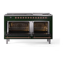 ILVE 60-Inch Nostalgie II Natural Gas Dual Fuel Range with 9 Burners, Griddle, and Solid Door Oven in Emerald Green with Copper Trim (UP60FQNMPEGP)