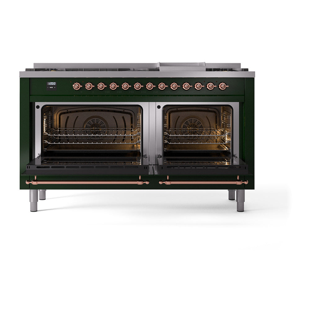 Emerald green range with copper trim; oven doors open to show dual interiors