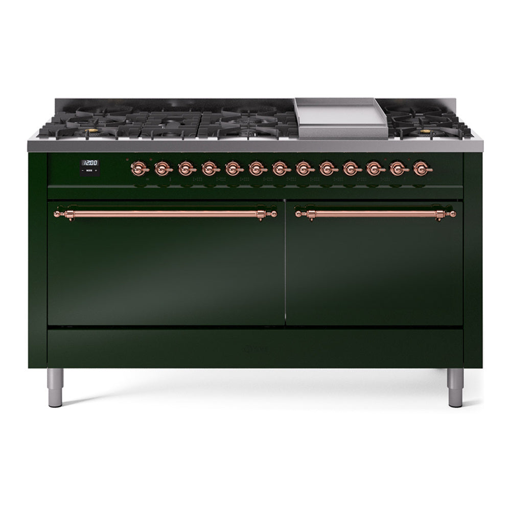Emerald green dual fuel range with copper trim, black grates, and central griddle