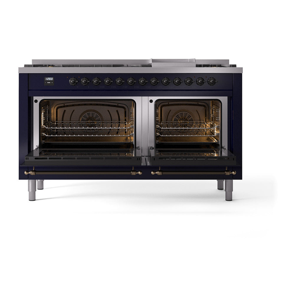 Midnight blue dual fuel gas range with two open ovens and bronze control trim