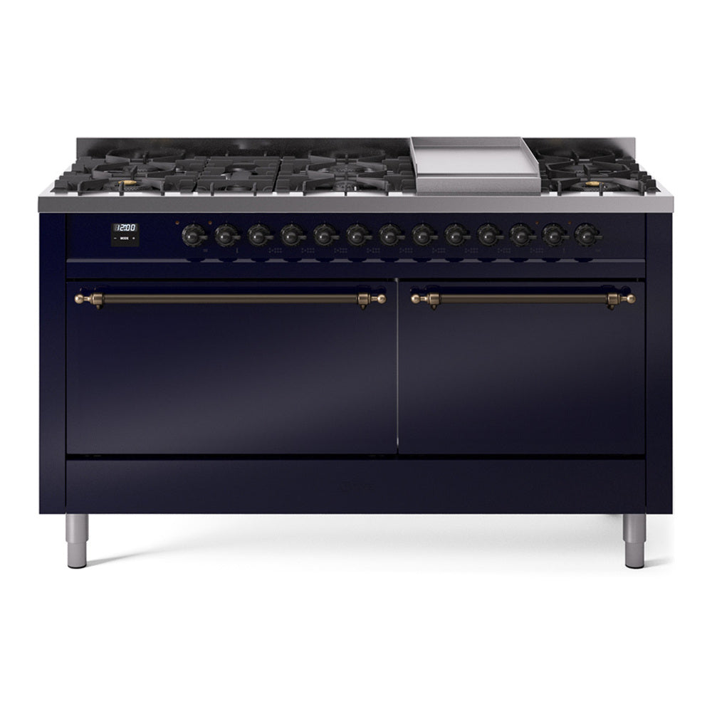 Midnight blue dual fuel gas range with bronze-trimmed doors and black burner grates