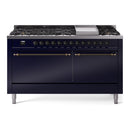 ILVE 60-Inch Nostalgie II Propane Gas Dual Fuel Range with 9 Burners, Griddle, and Solid Door Oven in Midnight Blue with Bronze Trim (UP60FQNMPMBBLP)