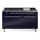 ILVE 60-Inch Nostalgie II Natural Gas Dual Fuel Range with 9 Burners, Griddle, and Solid Door Oven in Midnight Blue with Chrome Trim (UP60FQNMPMBC)