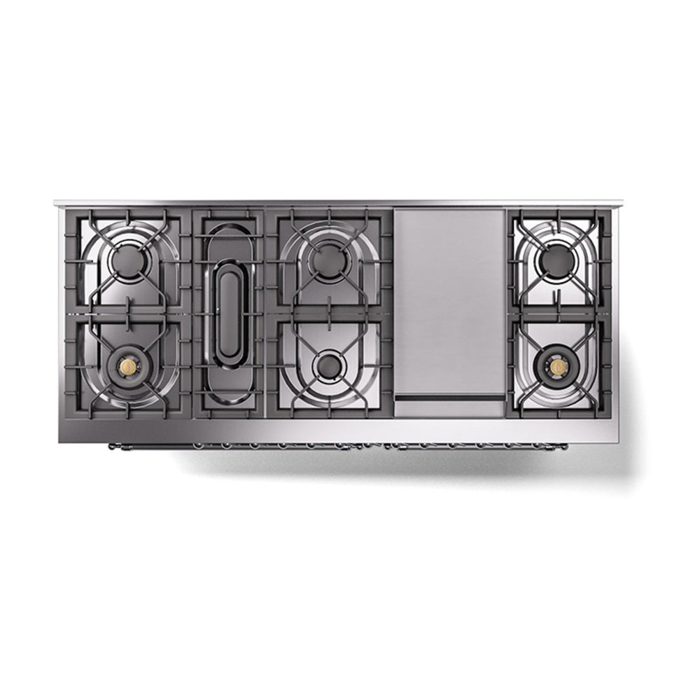 Midnight blue range cooktop base with four burner openings and grates