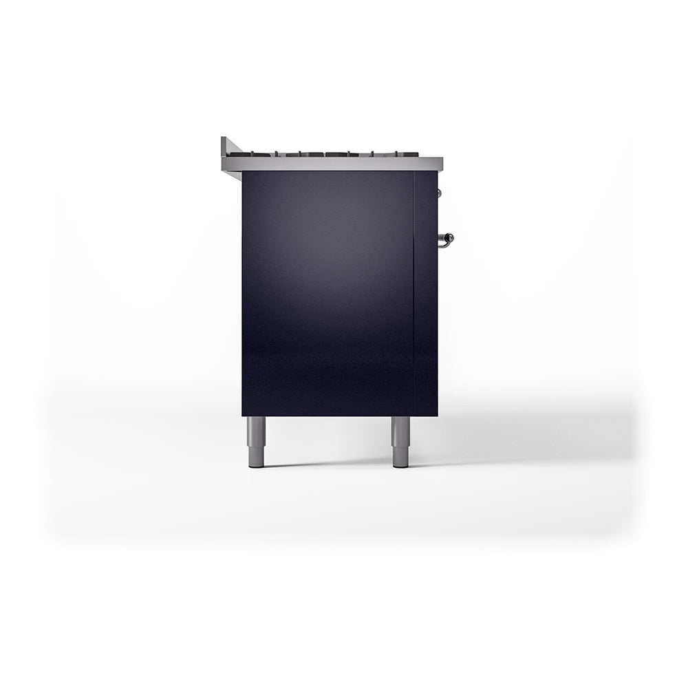 Midnight blue solid door oven side panel with chrome handle and four legs
