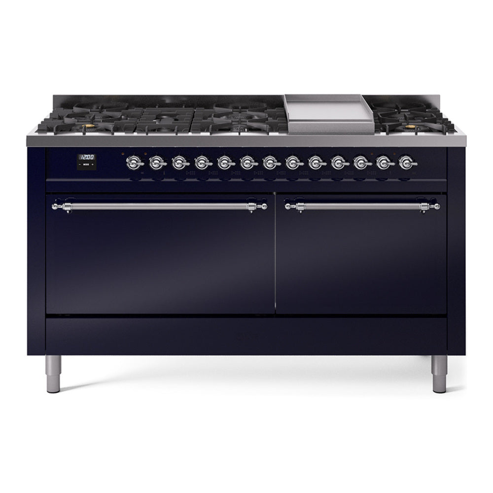 Midnight blue gas dual-fuel range with chrome trim, front burners and griddle