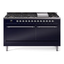ILVE 60-Inch Nostalgie II Propane Gas Dual Fuel Range with 9 Burners, Griddle, and Solid Door Oven in Midnight Blue with Chrome Trim (UP60FQNMPMBCLP)