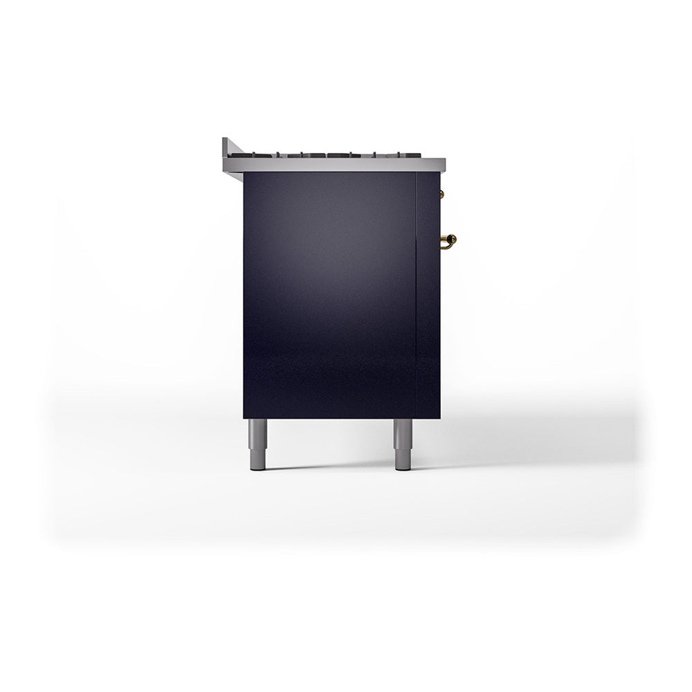 Midnight blue solid door oven module with side brass handle and gray legs