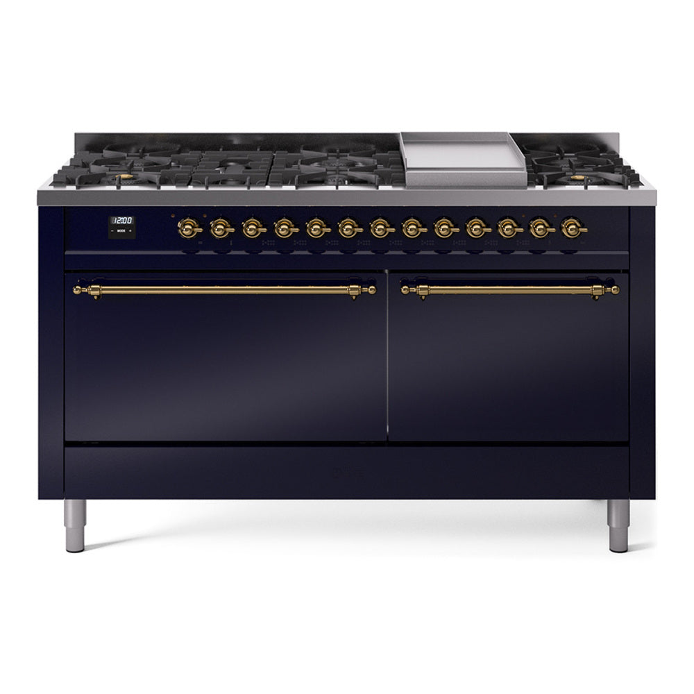 Midnight blue dual fuel gas range with brass-trimmed control panel and burner grates