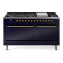 ILVE 60-Inch Nostalgie II Propane Gas Dual Fuel Range with 9 Burners, Griddle, and Solid Door Oven in Midnight Blue with Brass Trim (UP60FQNMPMBGLP)