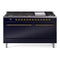 ILVE 60-Inch Nostalgie II Propane Gas Dual Fuel Range with 9 Burners, Griddle, and Solid Door Oven in Midnight Blue with Brass Trim (UP60FQNMPMBGLP)