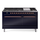 ILVE 60-Inch Nostalgie II Natural Gas Dual Fuel Range with 9 Burners, Griddle, and Solid Door Oven in Midnight Blue with Copper Trim (UP60FQNMPMBP)