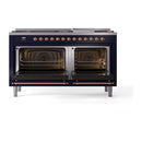 ILVE 60-Inch Nostalgie II Natural Gas Dual Fuel Range with 9 Burners, Griddle, and Solid Door Oven in Midnight Blue with Copper Trim (UP60FQNMPMBP)