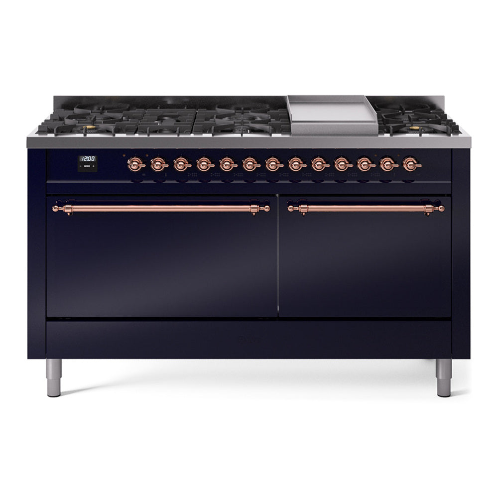 Midnight blue dual fuel range with copper trim, 9 burners and griddle
