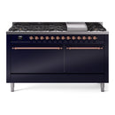 ILVE 60-Inch Nostalgie II Propane Gas Dual Fuel Range with 9 Burners, Griddle, and Solid Door Oven in Midnight Blue with Copper Trim (UP60FQNMPMBPLP)