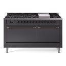 ILVE 60-Inch Nostalgie II Propane Gas Dual Fuel Range with 9 Burners, Griddle, and Solid Door Oven in Matte Graphite with Bronze Trim (UP60FQNMPMGBLP)