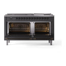 ILVE 60-Inch Nostalgie II Natural Gas Dual Fuel Range with 9 Burners, Griddle, and Solid Door Oven in Matte Graphite with Bronze Trim (UP60FQNMPMGB)