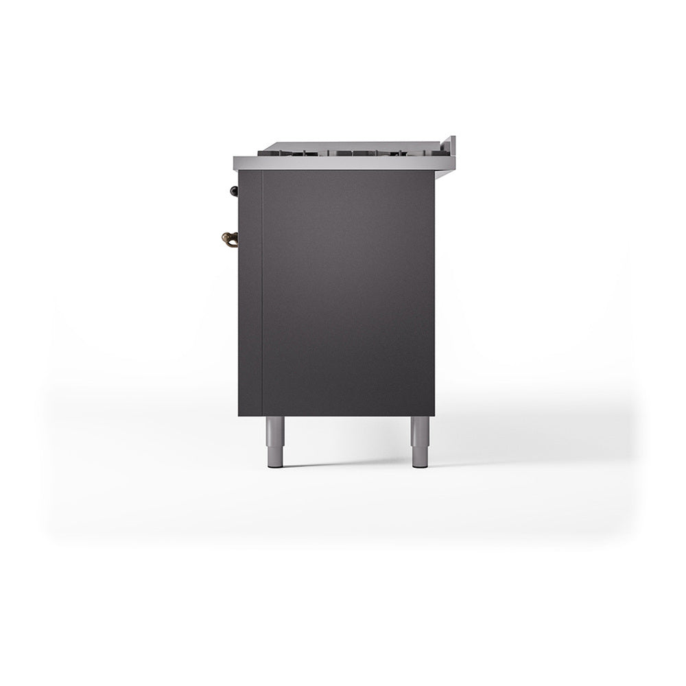 Matte graphite range rear panel with bronze fittings and back control recess