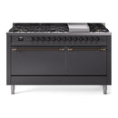 ILVE 60-Inch Nostalgie II Natural Gas Dual Fuel Range with 9 Burners, Griddle, and Solid Door Oven in Matte Graphite with Bronze Trim (UP60FQNMPMGB)