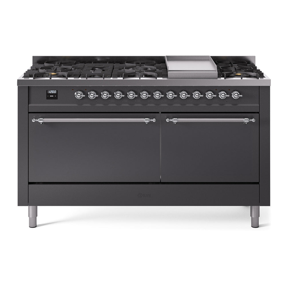 Matte graphite dual fuel range with chrome-trim control knobs and two front oven doors