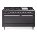 ILVE 60-Inch Nostalgie II Propane Gas Dual Fuel Range with 9 Burners, Griddle, and Solid Door Oven in Matte Graphite with Chrome Trim (UP60FQNMPMGCLP)