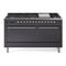 ILVE 60-Inch Nostalgie II Natural Gas Dual Fuel Range with 9 Burners, Griddle, and Solid Door Oven in Matte Graphite with Chrome Trim (UP60FQNMPMGC)