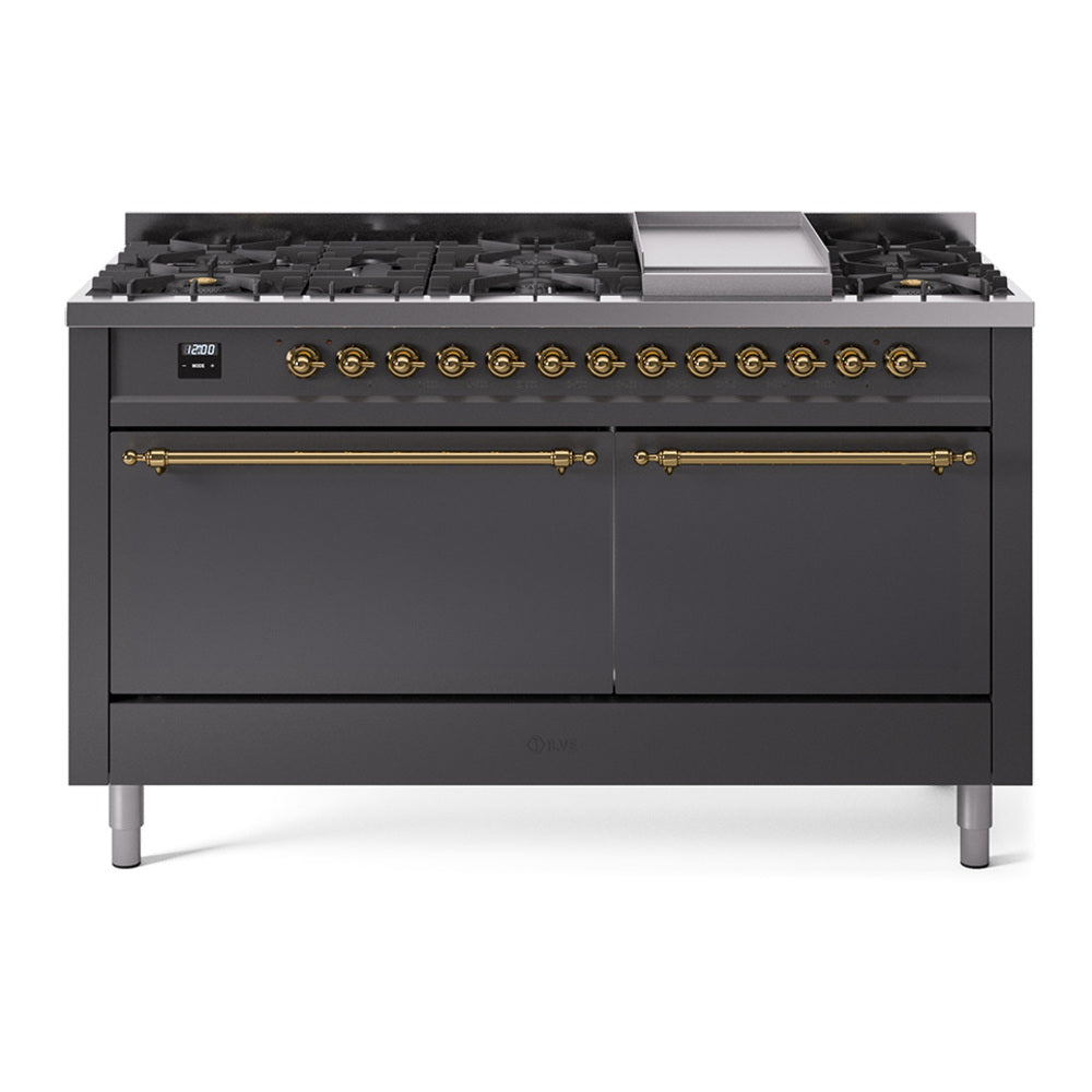 Matte graphite gas range with brass-trimmed knobs, burners, and griddle top