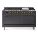 ILVE 60-Inch Nostalgie II Natural Gas Dual Fuel Range with 9 Burners, Griddle, and Solid Door Oven in Matte Graphite with Brass Trim (UP60FQNMPMGG)