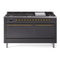 ILVE 60-Inch Nostalgie II Natural Gas Dual Fuel Range with 9 Burners, Griddle, and Solid Door Oven in Matte Graphite with Brass Trim (UP60FQNMPMGG)