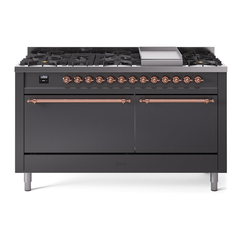 Matte graphite dual-fuel range with copper-trimmed control panel and front burners