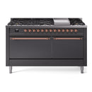 ILVE 60-Inch Nostalgie II Propane Gas Dual Fuel Range with 9 Burners, Griddle, and Solid Door Oven in Matte Graphite with Copper Trim (UP60FQNMPMGPLP)